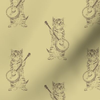 small banjo cat, brown on tan, ( 3.5" tall in 3x5" rectangle)