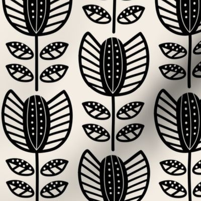 Bold Scandinavian flowers with stripes and dots - Fika coordinate - black on linen white - medium