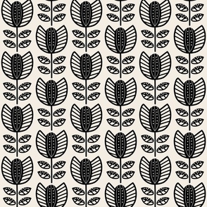 Bold Scandinavian flowers with stripes and dots - Fika coordinate - black on linen white - medium