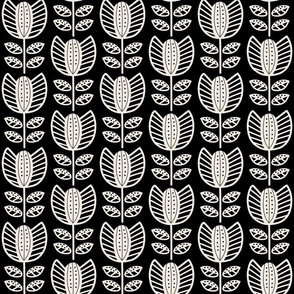 Bold Scandinavian flowers with stripes and dots - Fika coordinate - linen white on black - medium