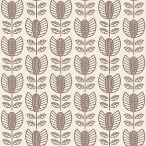 Bold Scandinavian flowers with stripes and dots - Fika coordinate - beige/brown on linen white - medium