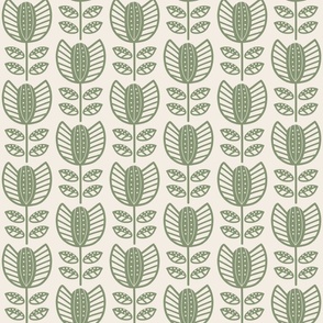 Bold Scandinavian flowers with stripes and dots - Fika coordinate - artichoke green on linen white - medium