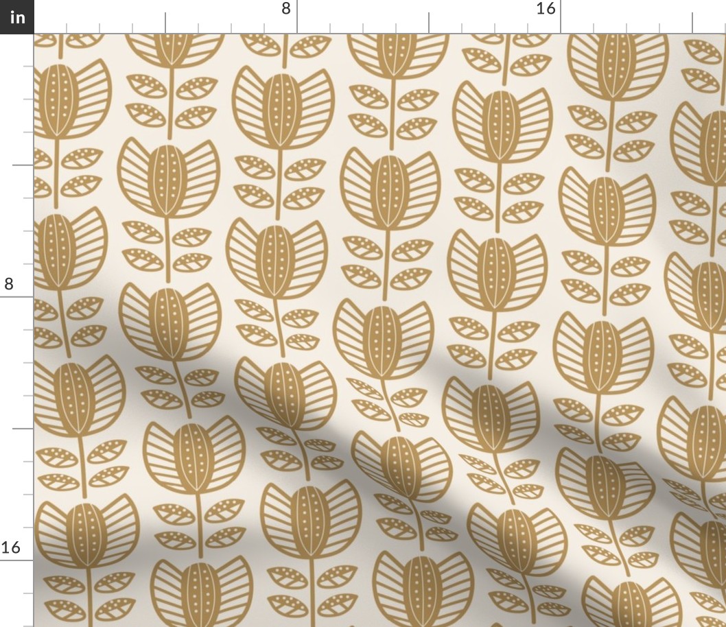 Bold Scandinavian flowers with stripes and dots - Fika coordinate - mustard yellow/ochre on linen white - medium