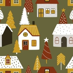 Houses among Christmas trees on green background