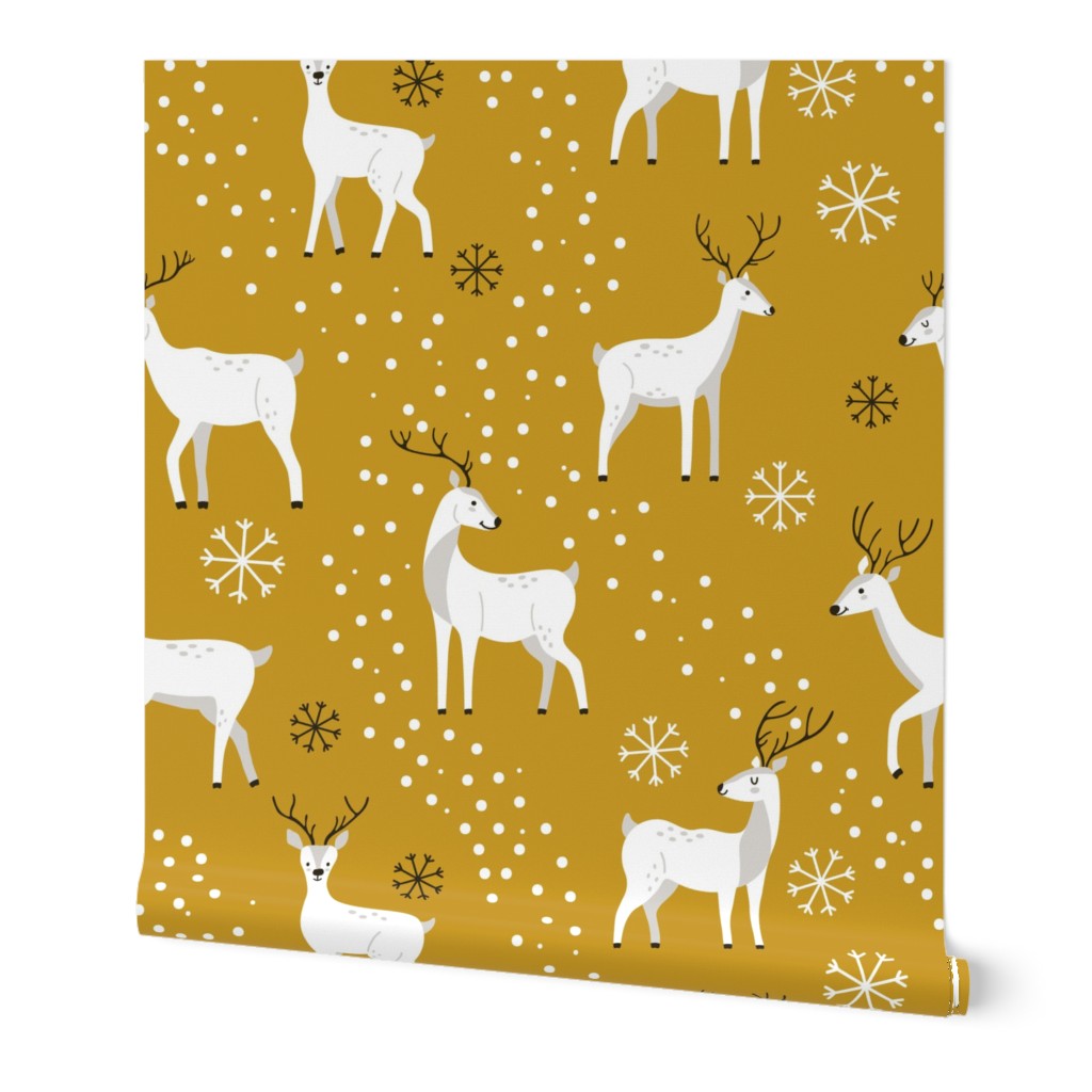 deer in snow on gold background Wallpaper | Spoonflower