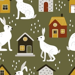 bunnies and Scandinavian houses in wood