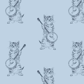 small banjo cat, navy on light blue, ( 3.5" tall in 3x5" rectangle)