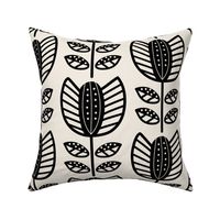 Bold Scandinavian flowers with stripes and dots - Fika coordinate - black on linen white - large