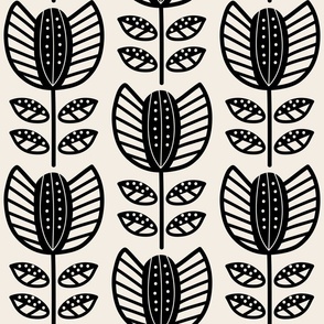 Bold Scandinavian flowers with stripes and dots - Fika coordinate - black on linen white - large