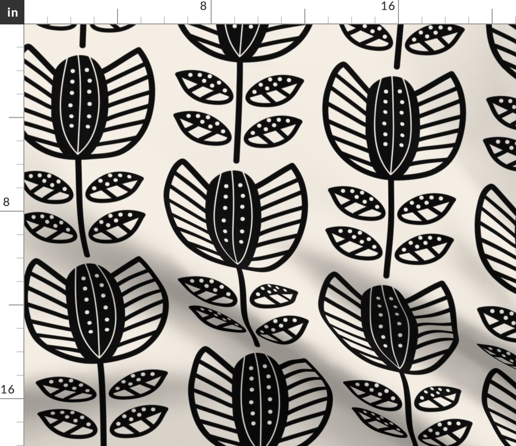 Bold Scandinavian flowers with stripes and dots - Fika coordinate - black on linen white - large