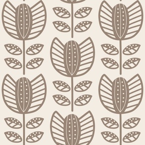 Bold Scandinavian flowers with stripes and dots - Fika coordinate - beige/brown on linen white - large