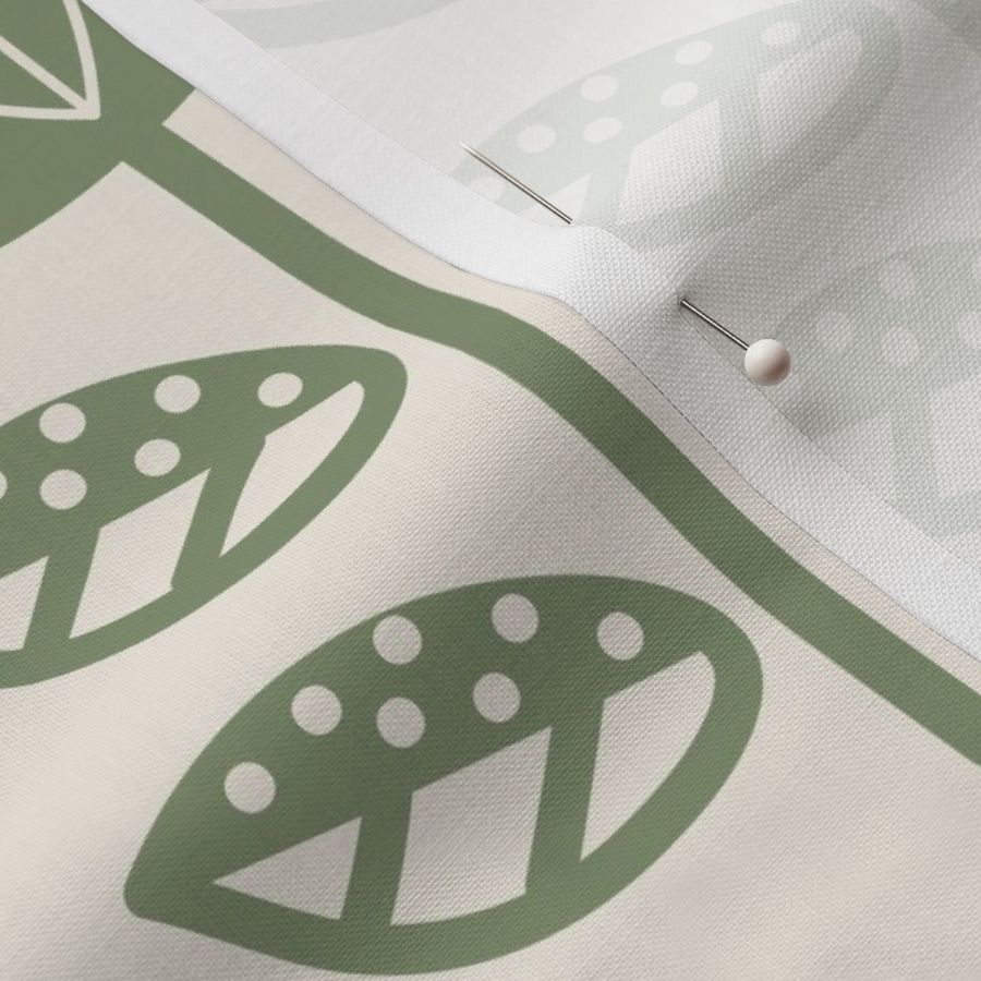 Bold Scandinavian flowers with stripes and dots - Fika coordinate - artichoke green on linen white - large