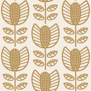 Bold Scandinavian flowers with stripes and dots - Fika coordinate - mustard yellow/ochre on linen white - large