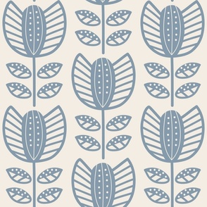 Bold Scandinavian flowers with stripes and dots - Fika coordinate - dusty powder blue on linen white - large