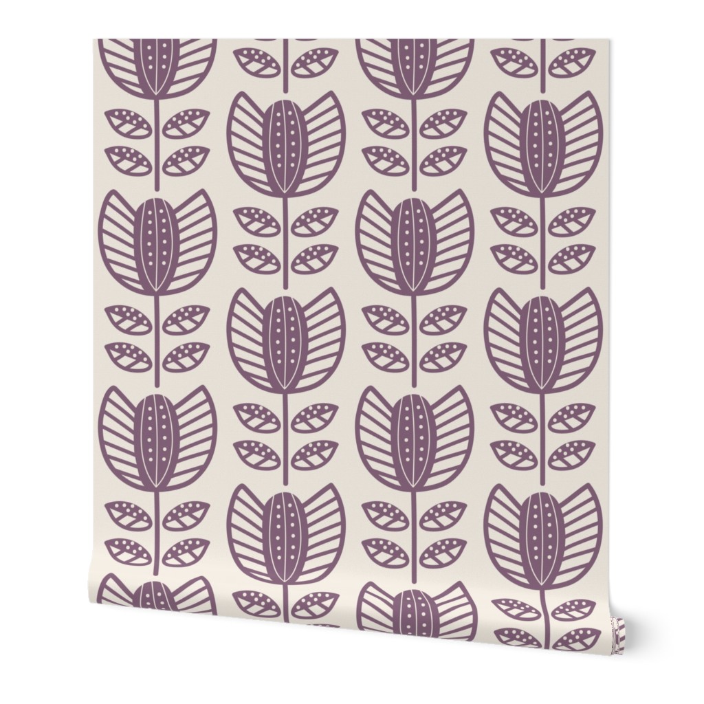 Bold Scandinavian flowers with stripes and dots - Fika coordinate - dusty berry/red-purple on linen white - large