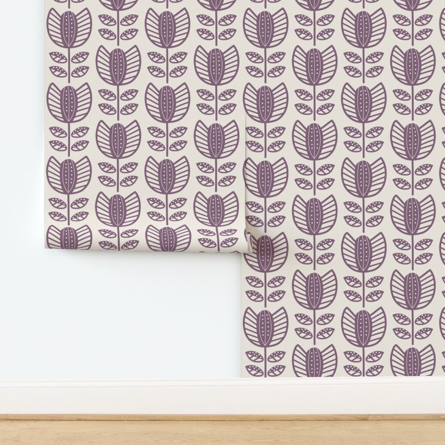 Bold Scandinavian flowers with stripes and dots - Fika coordinate - dusty berry/red-purple on linen white - large