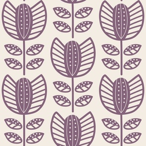 Bold Scandinavian flowers with stripes and dots - Fika coordinate - dusty berry/red-purple on linen white - large