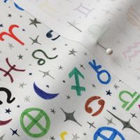 astrology zodiac sun sign and planet glyphs flash tattoo sheet, small scale, black and white gray red orange yellow green blue indigo violet Aries Taurus Gemini Cancer Leo Virgo Libra Scorpio Sagittarius Capricorn Aquarius Pisces