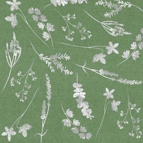 Neutral Botanical Meadow Toile//Light Gray on Sage Green