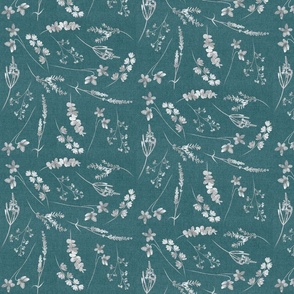 Neutral Botanical Meadow Toile//Light Gray on Teal