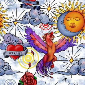 Brightly colored phoenix sun moon rose heart tattoo art.
