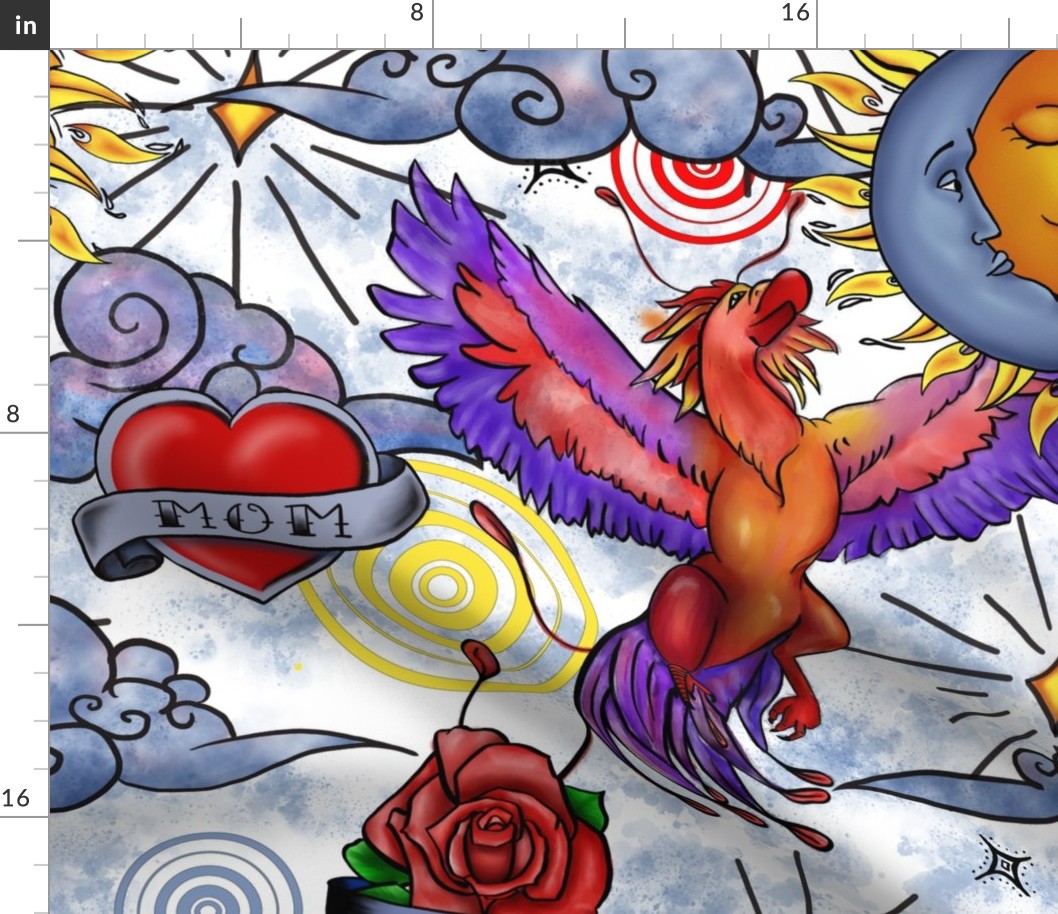 Brightly colored phoenix sun moon rose heart tattoo art.