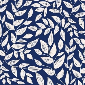 Botanical Elegance: White Leaves on Navy Blue Pattern