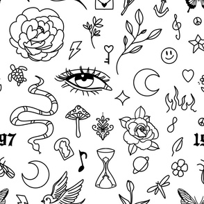 Simple mini flash tattoos pattern with black lineart and white background