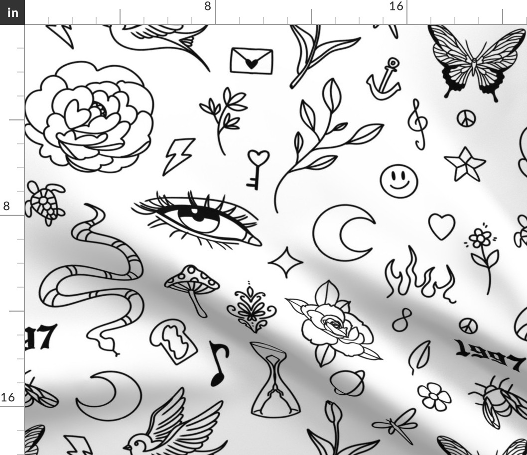 Simple mini flash tattoos pattern with black lineart and white background