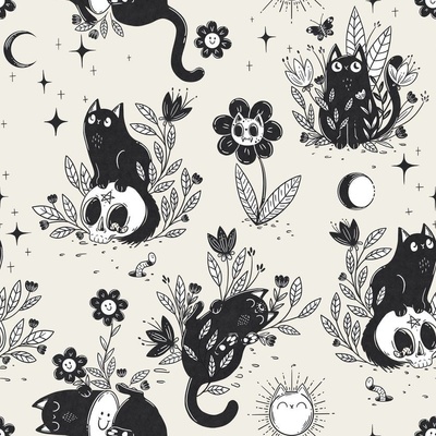 Cat Tattoo Fabric, Wallpaper and Home Decor