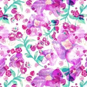 Watercolor meadow flowers - summer blossom tropical surf and beach theme fuchsia pink teal on white 