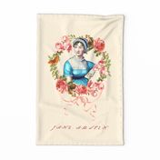 Beloved Jane - Jane Austen Portrait Teatowel - Wall Hanging Jane Austen Illustration  With Floral Frame