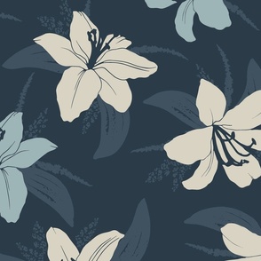 Lilies in beige and blue, on a larger scale