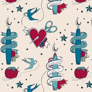 Vintage Sewing Old School Tattoo Style in teal and red © Jennifer Garrett