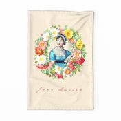 Beloved Jane - Jane Austen Portrait Teatowel - Wall Hanging Jane Austen Illustration With Flower Frame 2