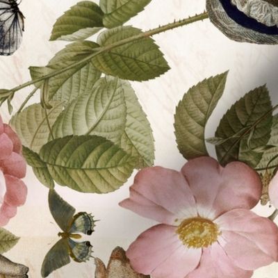Beloved Jane - Jane Austen Portrait Tea towel - Wall Hanging Jane Austen Illustration  With Redouté Roses Blush 