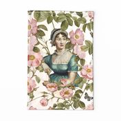 Beloved Jane - Jane Austen Portrait Tea towel - Wall Hanging Jane Austen Illustration  With Redouté Roses Blush 