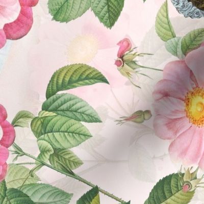 Beloved Jane - Jane Austen Portrait Tea towel - Wall Hanging Jane Austen Illustration  With Redouté Roses Light Pink