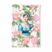 Beloved Jane - Jane Austen Portrait Tea towel - Wall Hanging Jane Austen Illustration  With Redouté Roses Light Pink