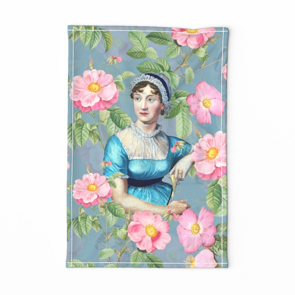 Beloved Jane - Jane Austen Portrait Tea towel - Wall Hanging Jane Austen Illustration  With Redouté Roses Taupe 