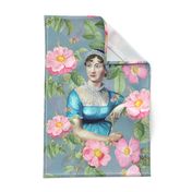 Beloved Jane - Jane Austen Portrait Tea towel - Wall Hanging Jane Austen Illustration  With Redouté Roses Taupe 
