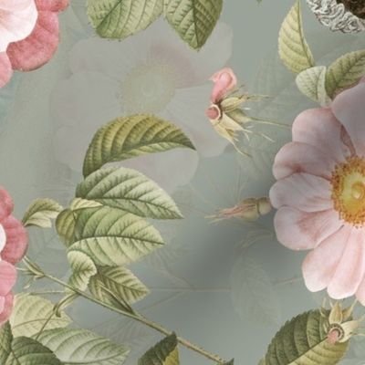 Beloved Jane - Jane Austen Portrait Tea towel - Wall Hanging Jane Austen Illustration  With Redouté Roses Sage Green