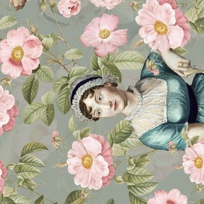 Beloved Jane - Jane Austen Portrait Tea towel - Wall Hanging Jane Austen Illustration  With Redouté Roses Sage Green