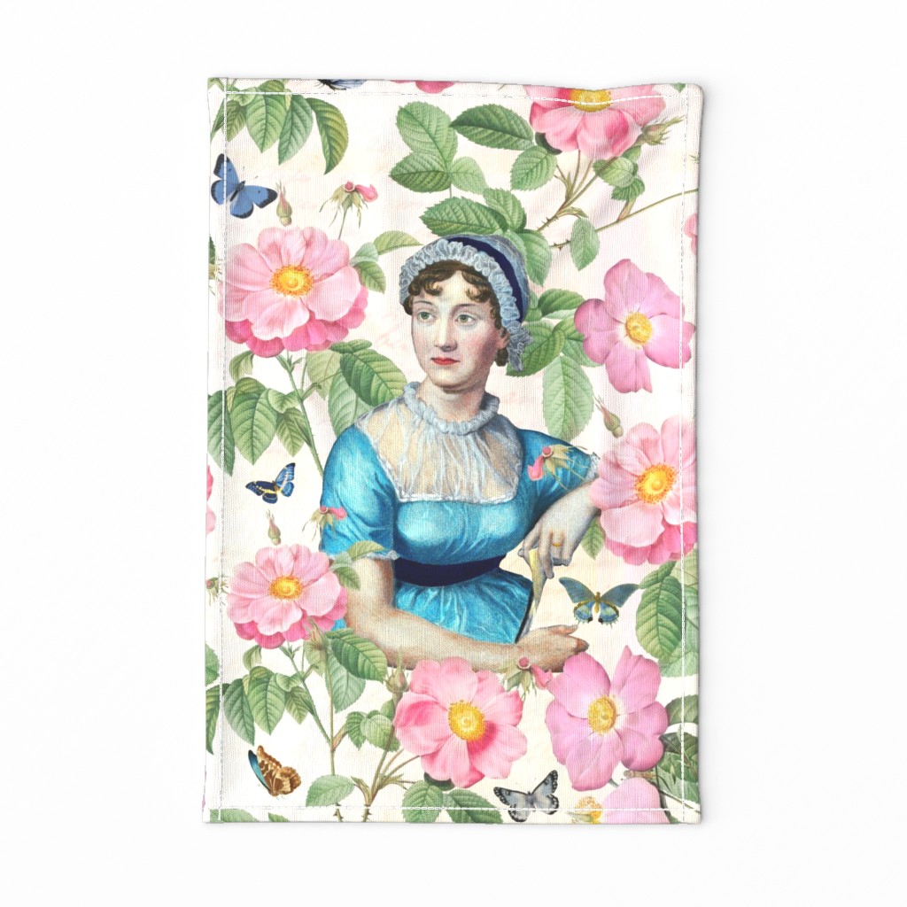 Beloved Jane - Jane Austen Portrait Tea towel - Wall Hanging Jane Austen Illustration  With Redouté Roses Off White blush