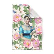 Beloved Jane - Jane Austen Portrait Tea towel - Wall Hanging Jane Austen Illustration  With Redouté Roses Off White blush