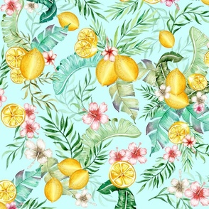 Lemons tropical flowers teal
