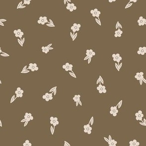 Tiny beige flowers on muted earthy brown, boho ditsy floral
