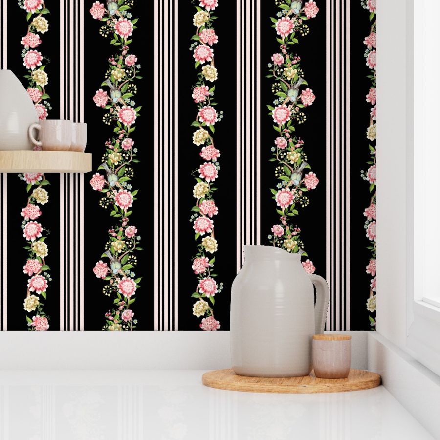 Victorian inspired striped grandmillennial wallpaper with beautiful borders vines, Preppy Rococo flowers and birds  - black dramatic pink 