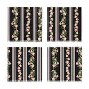 Victorian inspired striped grandmillennial wallpaper with beautiful borders vines, Preppy Rococo flowers and birds  - black dramatic pink 