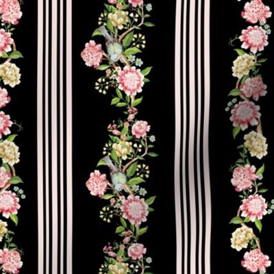 Victorian inspired striped grandmillennial wallpaper with beautiful borders vines, Preppy Rococo flowers and birds  - black dramatic pink 